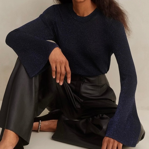 ME+EM Women's L Metallic Sparkle Navy Blue Long Sleeve Ribbed Knit Top Sweater - Picture 3 of 12